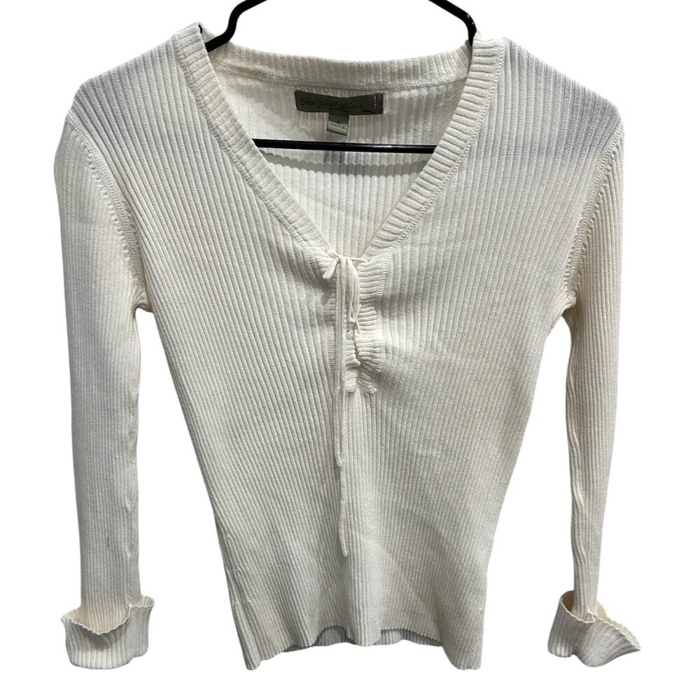 Vintage 90s Y2K One Girl Who White Ribbed Knit V-Neck Sweater Tie Detailing Sz S